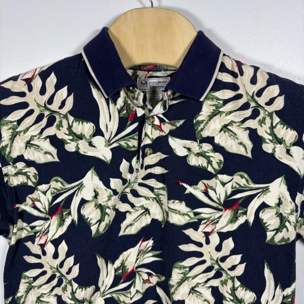 Munsingwear Mens Large Vintage  Tropical Floral Polo Shirt Navy Blue Cotton‎